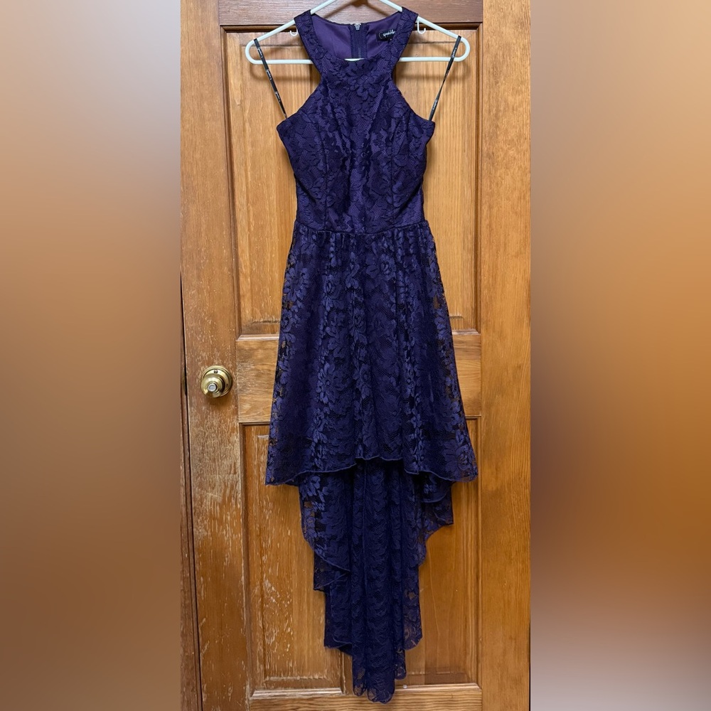 Dark Purple Lace Halter High-Low Dress